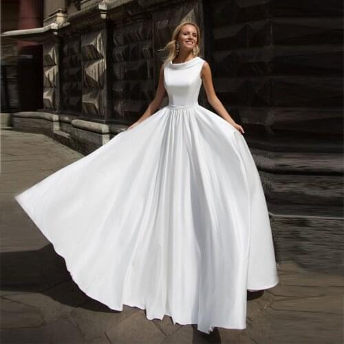 Simple Satin Floor Length A-line Wedding Dress 2020 Elegant Lace Up Back Cheap Bridal Gowns With Sashes robe de mariee