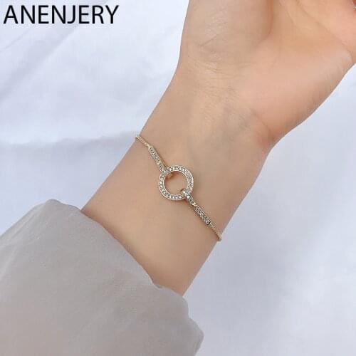 ANENJERY 925 Sterling Silver Snake Chain Circle Bracelet for Women Geometric Gold Color Zircon Party Jewelry Gifts S-B442