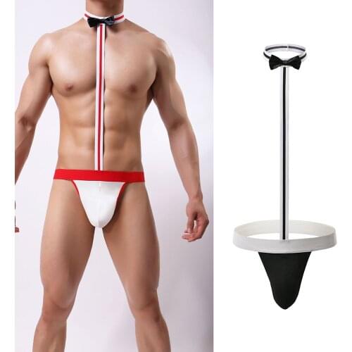 Bowknot Tie Novelty Sexy Men Mankini Thong Underwear Waiter Costume Bodysuit Lingerie Briefs