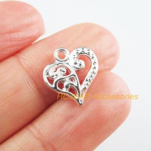 35 New Heart Charms Silver Plated Flower Pendants 13x14mm
