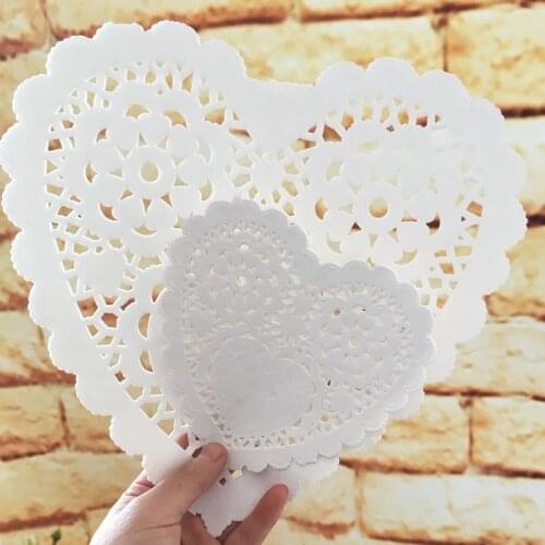 100pcs 5.5 inch 14cm Heart Shape Paper Doilies White Cake Food Lace Doilies Paper Mats Wedding Party Decoration