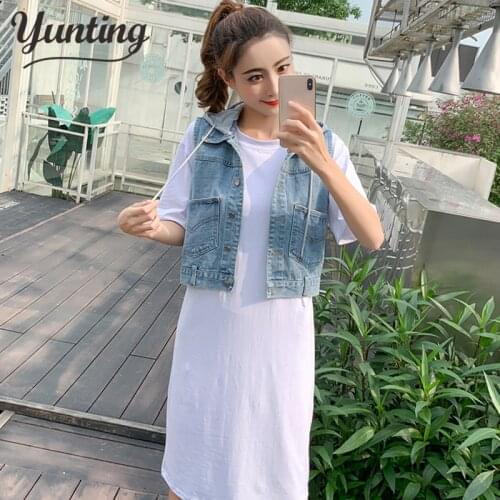 Denim Vest Women Short 2021 Spring New Hooded Big Pocket Sleeveless Jacket All-Match Slim Top Cardigan S-XXXL