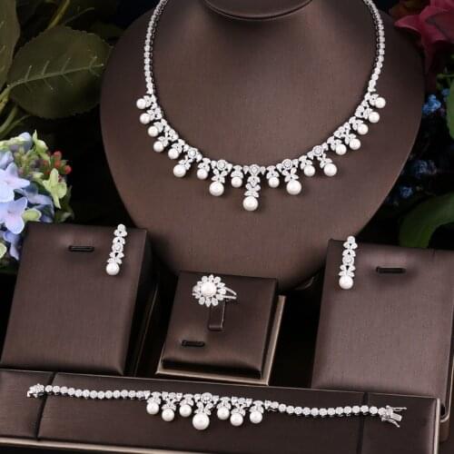 Janekelly 4pcs Bridal Zirconia Full Jewelry Sets For Women Party, Luxury Dubai Nigeria CZ Crystal Wedding necklace sets