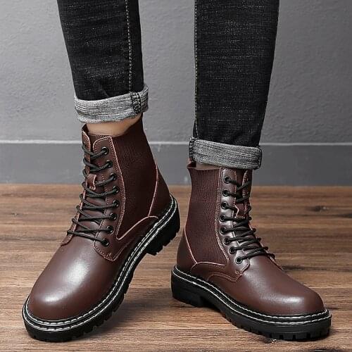 Coturno Brown Men Leather shoes High Top Fashion Martins Winter Warm Snow shoes Dr. Motorcycle Ankle Boots Couple boots 46