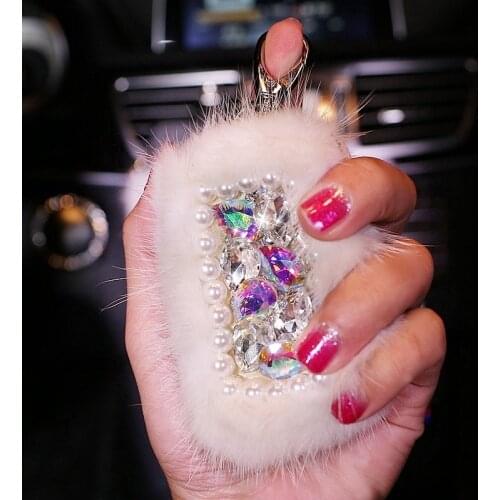 Korean Style Lovely Crystal Leather Car Key Case Mini White Furry Auto Key Bag Chain Ring Holder Great Gift for Girlfriend Wife
