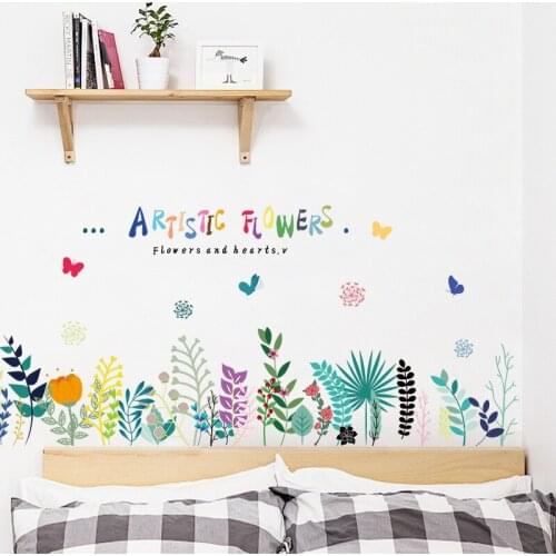 Colourful Artistic Flowers Plant Wall Stickers For Bedroom Living Room Baseboard Decoration Pastoral Wall Mural Art Home Decal
