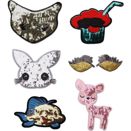 Fashion Sequin Deer eyes cat drink icon embroidery Applique Patches For kawaii clothes DIY Iron on Badges on a backpack