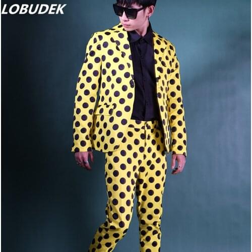Men Korean Style Suits Tide Fashion Black White Dot Blazer Pants 2-Piece Set Suit Star Singer Stage Concert Performance Costume