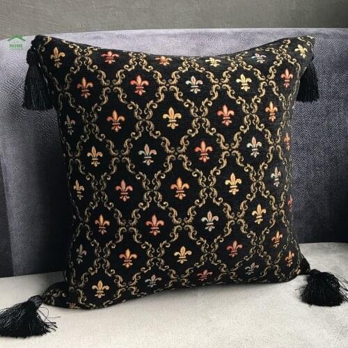 Classic Black Chenille Vintage Check Cushion Cover Tassels Pillow Case Decoration Home Use Pillow Cover 45 x 45 cm