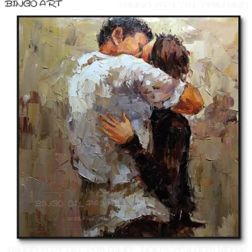 Excellent Artist Hand-painted High Quality A Couple Hugging and Kissing Oil Painting on Canvas Lover Portrait Knife Oil Painting