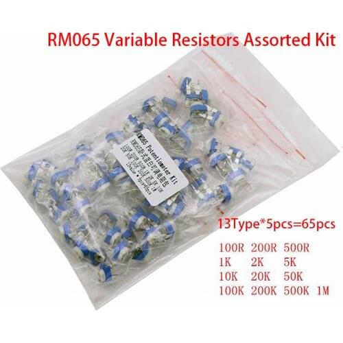 65pcs Trimming Potentiometer RM-065 top adjustment 100ohm-1Mohm RM065 Variable Resistors Assorted Kit 13Type*5pcs=65pcs