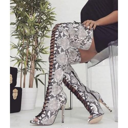 Moraima Snc Peep Toe Lace-up High Heel Boots Sexy Snakeskin Leather Thigh High Boots Woman Thin Heels Over the Knee Boots