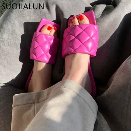 SUOJIALUN 2021 Square Toe Slippers Flat Heel Women Embroidery Diamond Slides Shoes Summer Outdoor Beach Sandal Slipper Flip Flop