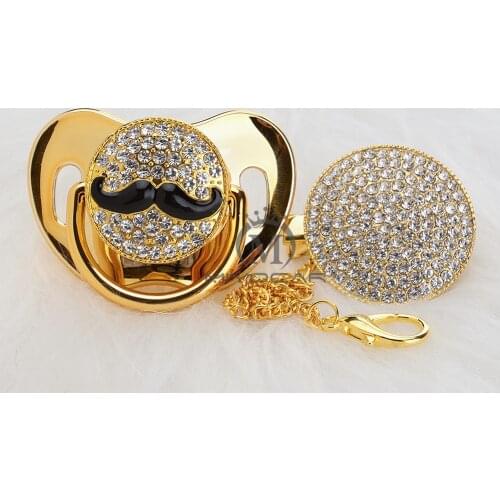 MIYOCAR BLING gold silver Moustache pacifier and pacifier clip unique design for baby SGS certificate safe and unique AMOU
