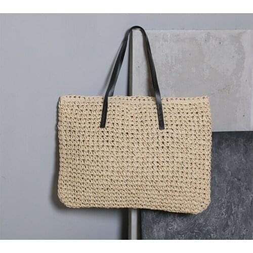 Women Bohemian Vintage Woven Straw Large Capacity Tote Bag with Faux Leather Handle Zipper Closure Weaving Single Shoulder Purse
