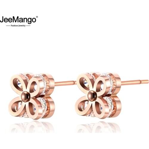JeeMango Stainless Steel Small Flower CZ Crystal Stud Earrings For Women Wedding Fashion Lady Party Cocktail Rose Gold JE17090