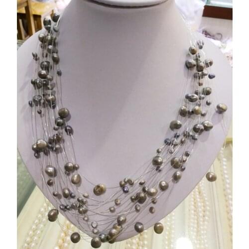 Women Jewelry 20 rows necklace Deep Black Gray pearl baroque pearl Pendant natural freshwater pearl 45cm 18