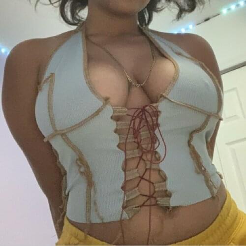 Vogue Women Summer Y2k Hollow Tank Top Knitted Halter V Neck Crop Tops Camisole Sexy Backless Sleeveless Female Party Vest Tees