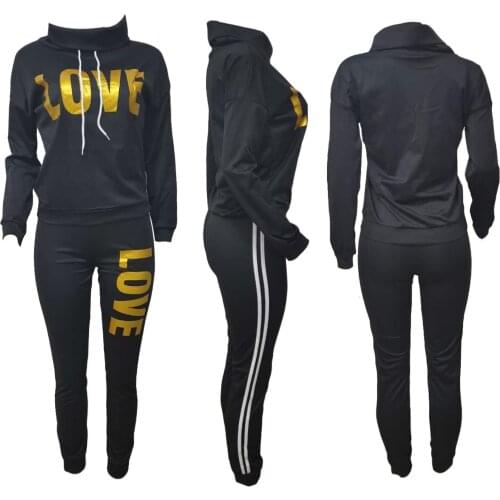 Autumn Womens Two Piece Suit Athletic Wear Lapel Long Sleeve Sportswear Top Love Letter Printed Pants