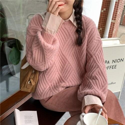 Women Winter Tender Pink Sweater Round Collar Full Sleeve Knitted Pullovers Casual Jumpers