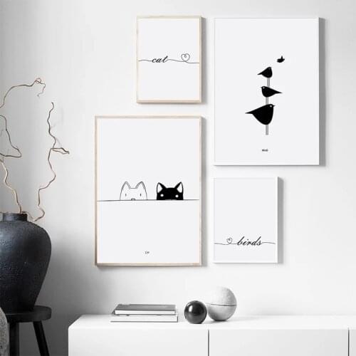 Animal Chat Oiseau Toile Peinture Impression Nordique Affiche Une Seule Ligne Chambre D'Enfants DéCoration De La Maison Murale
