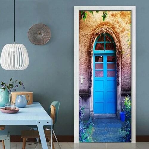 2pcs/set Retro Blue Door DIY Door Stickers 3D Mural Bedroom Home Decor Poster PVC Waterproof 3D Wall Sticker Refrigerator Decals