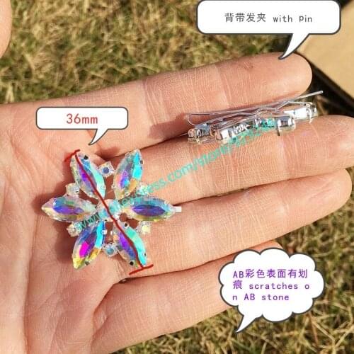 36mm round flower trims with hairpin for hairdress ornaments AB glass crystal applique fashion garment decorative accessory