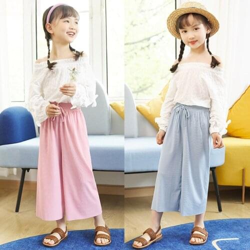 2021 Summer New Kids Straight Pants Wide Leg Pants Childrens Girls Ice Silk Trousers Children Clothing Pants Capris