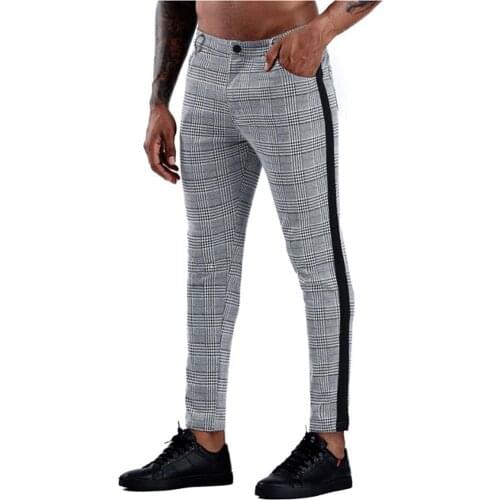 Plaid Suit Pants for Men Smart Casual Cotton Blended Side Stripe Pencil Pants Suit Trousers Vogue Men Clothing