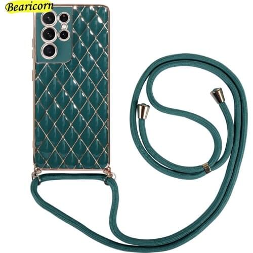 Diamond Plating Phone Case For Samsung Galaxy S21 Plus Ultra A12 A32 A52 A72 A02s M02S Necklace Lanyard Strap Cord Chain Cover