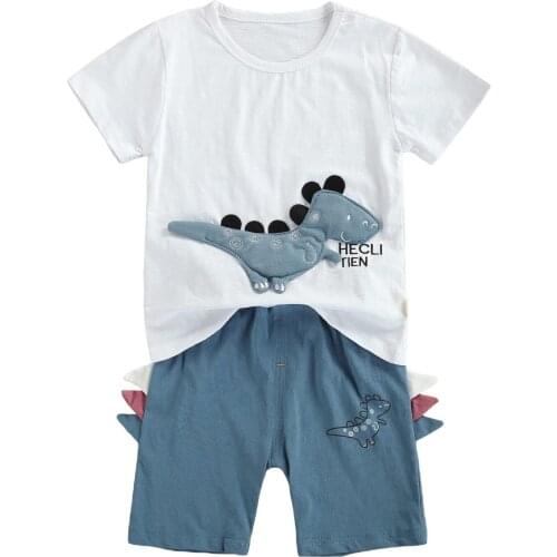 2021 2Pcs Children Summer Tracksuits, Dinosaur Print O-Neck Short Sleeves T-Shirt + Elastic Waist Shorts for Boys, Girls