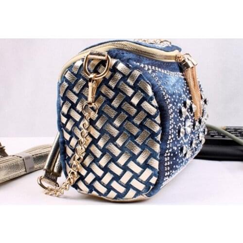 Designer Diamond Women Denim Bag New Barrel-Shaped Crossbody Bag Luxury Tassel Small Handbag Blue Shoulder Bags Female