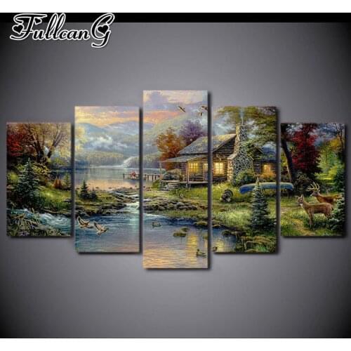 FULLCANG farmhouse landscape 5 piece diy diamond painting large full square round mosaic embroidery multi-picture decor FC2531