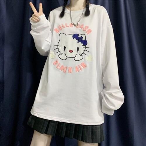 Harajuku Style Autumn New Japanese Soft Sister Cartoon Cat Embroidery Korean Loose Long-sleeved T-shirt Female Student Top Tees