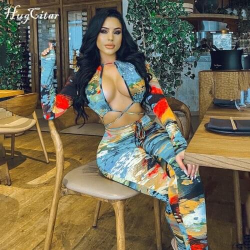 Hugcitar 2020 Long Sleeve Bandage Vintage Print Hollow Out Backless Jumpsuit Autumn Winter Women Fashion Sexy Party Club Romper