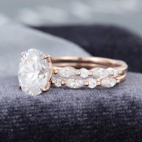 EDI Oval Moissanites Engagement Ring Set 14k Rose Gold Half Eternity Marqusie Cut Bridal Promise Gift Wedding Ring
