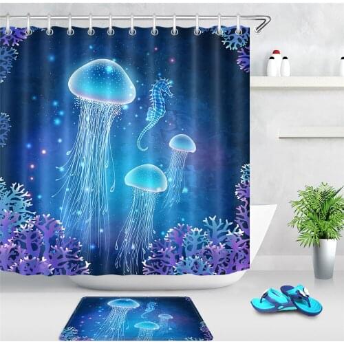 LB Magic Jellyfish Shower Curtain Blue Medusa Underwater Sea Life Shower Curtain Kids Funny Aquatic Bathroom Set,Waterproof