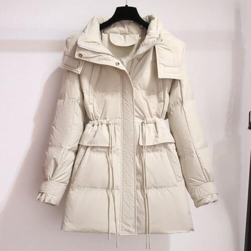 Trendy Winter Women Hooded Loose 90% White Duck Down Long Coat Solid Color Thick Warm Pocket Down Jacket Ladies Snow Outwear