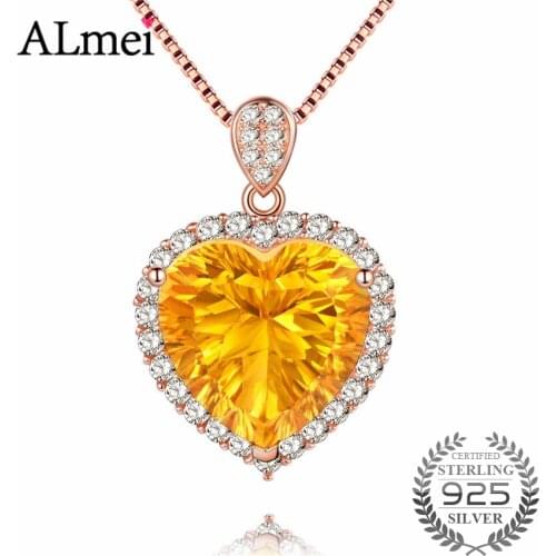 Almei Natural Gemstone Citrine Halo Necklace & Pendant 925 Sterling Silver Rose Gold Color Fine Jewelry with Chain Box 40%FN016