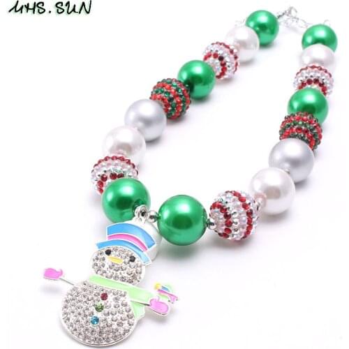 MHS.SUN Christmas jewelry baby girl chunky bubblegum beaded Chain Necklace Snowman pendant necklace new year gift 2pcs Dropship