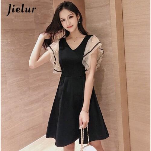 Jielur Summer Dress Women Korean Mesh Patchwork Black V-neck Charming Slim Sexy Elegant Dress High Waist A-line Korean Sukienki