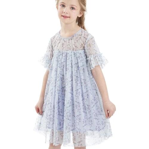Casual French Print Dress Kids Net Gauze Princess Dress for Girls 2021 Summer Beach Holiday Sister Dress Children Clothes 142