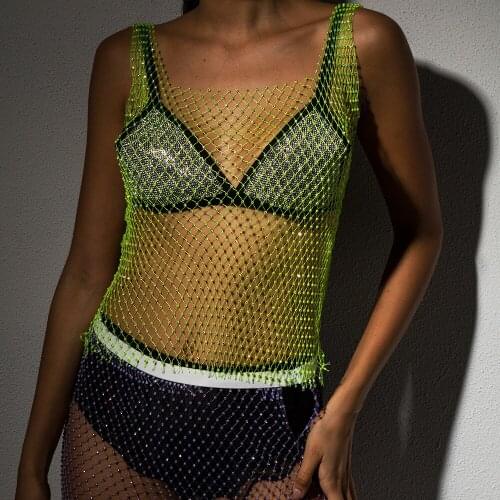 Festival Bling Diamonds Mesh Cropped Tank Top Summer Sexy Women Cover Up Bikini See Through Rhinestone Net autumn Party Top