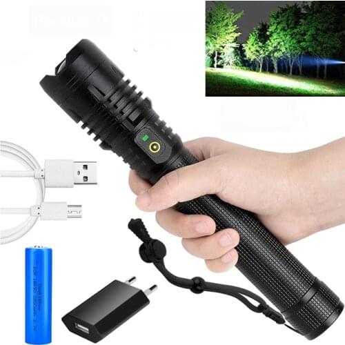 Most Bright XHP50.2 LED Flashlight Zoomable Torch Lamp 3 Modes USB Rechargeable Flashlights Use 18650 Battery for Camping Hiking