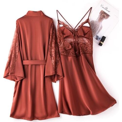 Sexy 2 Pieces Women Pajamas Sets Faux Silk Pajamas Sleepwear Sets Embroidery Lace Bath Gown Wedding Night Dress Robe With Belt