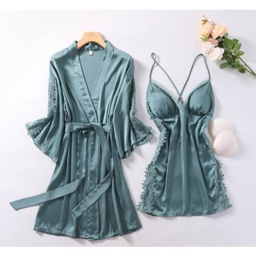 Sexy Lace Bathrobe Gown Set Women Satin Robe Nightgown Summer 2PCS Sleepwear Sleep Suit Bride Wedding Kimono Home Wear Nightwear