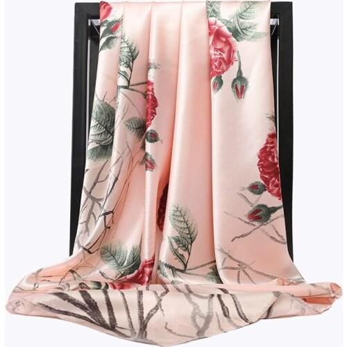 Rose Silk Scarf Women Print Hair Neck Square Scarves Ladies Shawl Bandanna 90*90cm Muslim Hijab Handkerchief Muffler Foulard