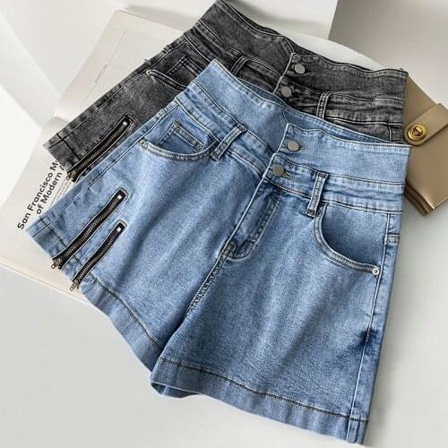 Summer High Waist Stretch Shorts Womens Wide-Leg Slim Short Trousers Zipper Stitching Streetwear Casual Denim Shorts C7458
