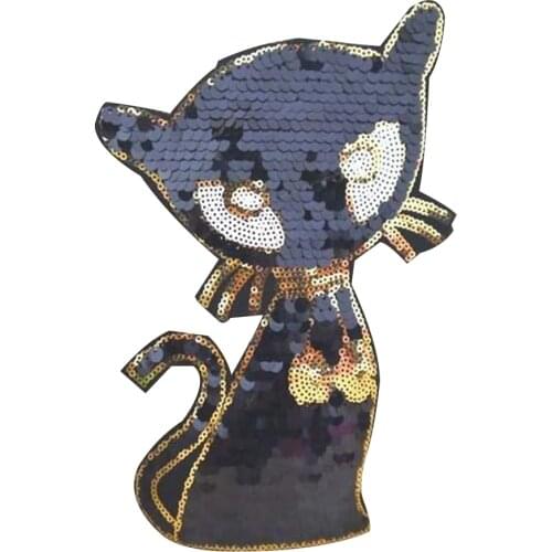 Iron on patches for clothing T shirt Women 23cm Animal Cat Sequined Sequins T-shirt Womens Fashion Tops Shirt Girl Patch Clothes
