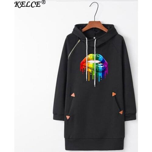Big Size Longer Hooded Sweatshirts for Women Kiss Lip Pattern Casual Warm Pullover Clothes Streetwear Mujer Fahion Hoodies